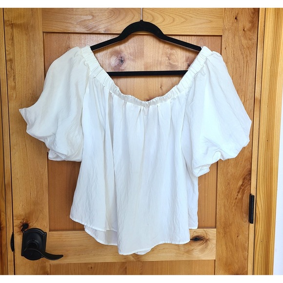 H&M Sz XL White Viscose Puff Sleeve Off Shoulder Peasant Cottagecore Top Elastic - Picture 5 of 7